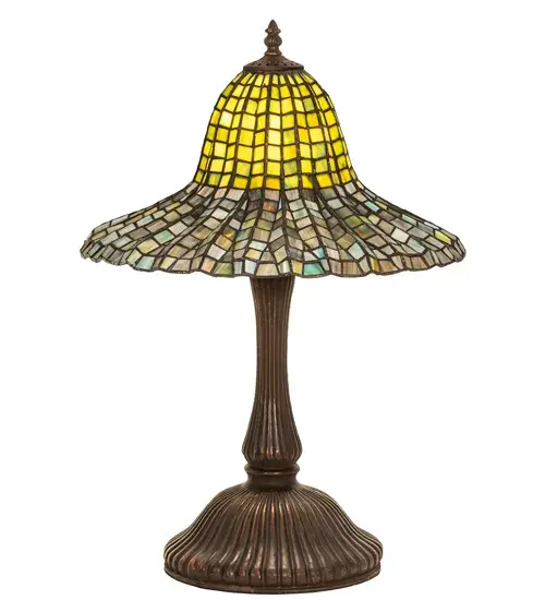 Recreating a luxurious Tiffany original is the beautiful; Bell-shaped art glass shade decorated with a cascading geometric design and Green; Blue; and Honey hued glass tiles. The art glass shade is created with the famous Meyda Tiffany copperfoil construction technique. The shade is complemented with an elegant cast metal base hand-finished in a warm Mahogany Bronze. The Bell Shade is included in our American-designed; handcrafted Tiffany Reproduction Collection. UL and cUL listed for dry locations. Each shade is a unique work of art with color variations based on natural ingredients inherent in the glass. Please contact us if color matching is critical when ordering multiple items. - alternate view