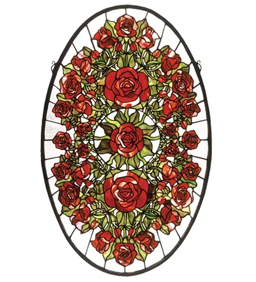 Burgundy roses with Willow Green leaves radiate around a single rose against a Crystalline sky in the resplendent oval shaped window. Handcrafted with stained art glass utilizing the copperfoil construction process; this beautiful window also comes with a solid brass hanging chain and brackets.