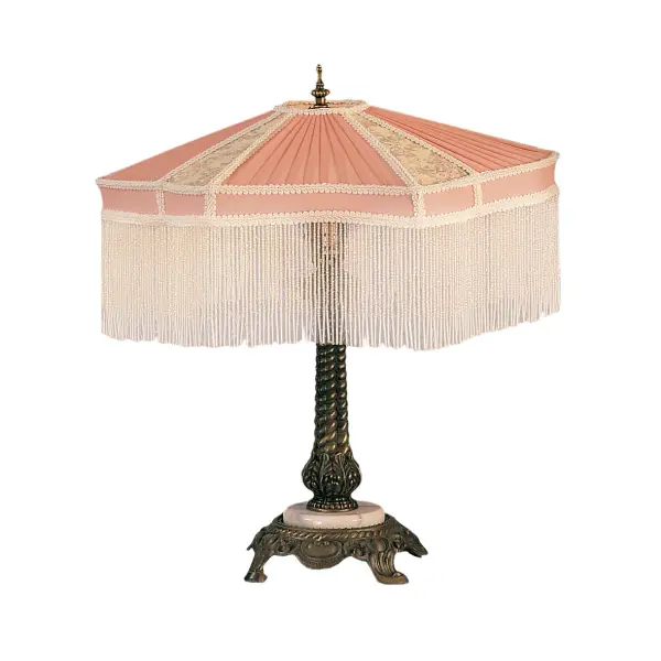 Pink pleated fabrics with floral accents are edged in Ivory Glass beaded trim. This Victorian-inspired; intricately detailed shade with a unique profile is enhanced with a Mahogany Bronze finished base featuring a White Onyx accent. A versatile table lamp to complement nearly any interior color or style. Ideal as a lighted accent piece on a living room end table; dining room credenza; or bedroom nightstand. Inspired by beautiful fabrics and fashion from New York; to Chicago; Illinois; to Los Angeles; California. The Fabric & Fringe Persian Table Lamp is featured in our American-designed; handcrafted Fabric & Fringe Collection. UL and cUL listed for dry locations.
