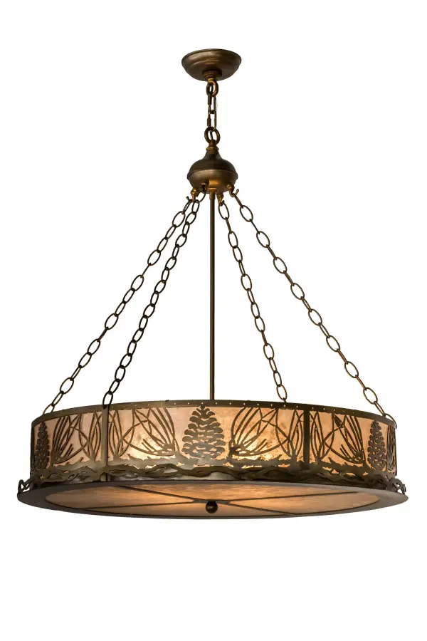 This handsome Pine Cone and needle patterned pendant ring with pine branch accents is suspended from chains and illuminated through Silver mica panels. The fixture has an Antique Copper finish and is handcrafted in the USA by Meyda artisans.