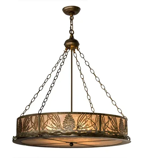 This handsome Pine Cone and needle patterned pendant ring with pine branch accents is suspended from chains and illuminated through Silver mica panels. The fixture has an Antique Copper finish and is handcrafted in the USA by Meyda artisans. - alternate view