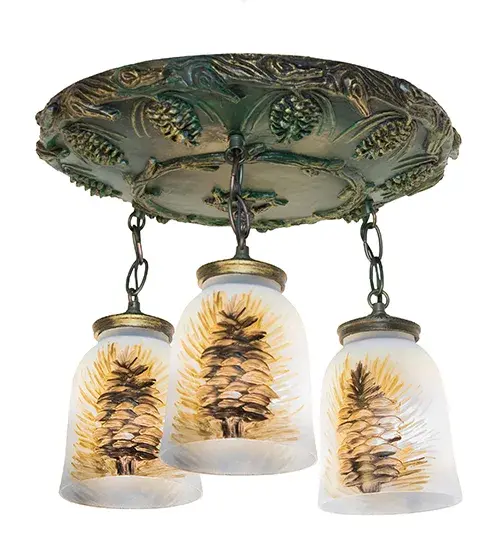 Inspired by nature; hand painted Pinecones and branches of Tan and Bark Brown with Pine Green needles against a Sky Blue ground; grace these distinctive glass shades. Three shades are suspended from a Pine cone and branched detailed canopy in a Golden Pine finish. - alternate view