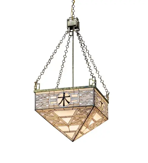 The ancient Symbol for Wood is highlighted on this stunning inverted pendant. The artistic shade features Beige; White and Black art glass constructed with the famous Meyda Tiffany copperfoil construction process. The pendant is is complemented with a Satin Brass finish. The overall height of this pendant ranges from 46 to 117 inches as the chain length can be easily adjusted in the field to accommodate your specific lighting application needs. The fixture is UL and cUL listed for dry and damp locations. - alternate view