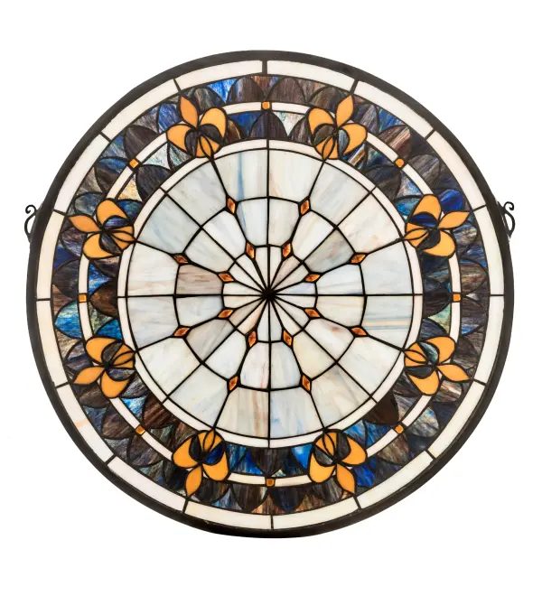 A Meyda Tiffany original design, the Fleur-de-Lis medallion window is an intricate design of Golden tri-petaled irises and jewels against Twilight and Beige bands. Reminiscent of castle and cathedral windows, this pattern holds a prominent place in French Heraldry. Handcrafted utilizing the copperfoil construction process and 296 pieces of stained art glass and 24 Amber glass jewels encased in a solid brass frame. Mounting bracket and jack chain are included. Collection: Fleur-De-Lis Finish: Brushed Nickel Glass: Stained Glass Width: 21.00" Height: 21.00" Length: 21.00" Weight: 7.00 lb Number of Bulbs: 1 Bulb Base: E26 Material: Brass Country of Origin: CHINA Safety Listing: Dry Safety Rating: Dry