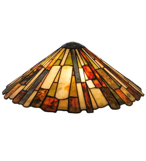 Thinly hand carved and polished natural Jadestone in earthy tones of Moss Green, Tan, Natural Ivory and Coral become luminescent in this unique tile patterned lighting shade. The natural stone shade is created using the famous Meyda Tiffany copperfoil construction technique. Pair the stunning shade with a base to create a handsome table/floor lamp or use hardware to build a beautiful wall fixture or add handsome hanging hardware for items such as 155108, 77801 and 82749. Each shade is a unique work of art with color variations based on natural ingredients inherent in the Jadestone. Contact us if color matching is critical when ordering multiple items. Collection: Delta Finish: Baj Haj Glass: Jadestone Width: 17.00" Height: 6.00" Length: 17.00" Weight: 5.50 lb Number of Bulbs: 3 Bulb Type: tbn Bulb Base: E26 Country of Origin: CHINA Safety Listing: Dry Safety Rating: Dry - alternate view