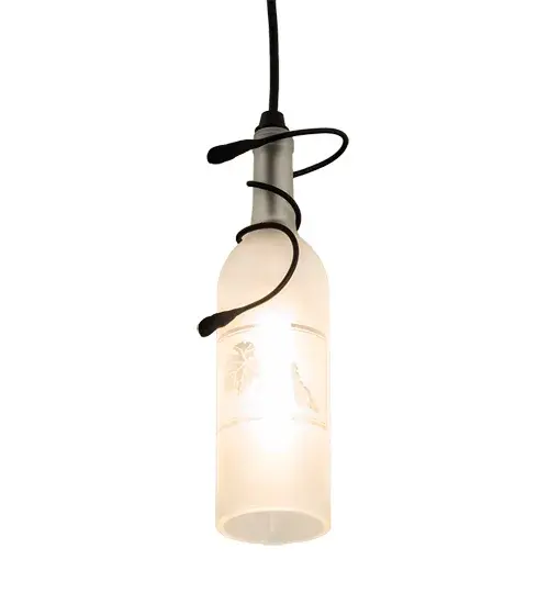 Capture the mood or life of any party with authentic wine bottle lighting. This mini pendant does so much more than deliver light. It adds personality and pizazz to any interior. A hand forged Black vine and leaf coil is designed around the neck of this stunning Clear Frosted wine bottle; which illuminates and features a stunning etched Grape design. The pendant is complemented with handsome hardware featured in a Textured Black finish. Perfect for homes; restaurants; hotels; pubs; nightclubs; wineries; and retailers. The overall height ranges from 13.75 to 84.75 inches as the stem length can be adjusted in the field. Handcrafted by highly skilled artisans in our 180;000 square manufacturing facility in Yorkville; New York. Wine bottle colors; metal finishes and sizes can be customized. UL and cUL listed for dry and damp locations. - alternate view