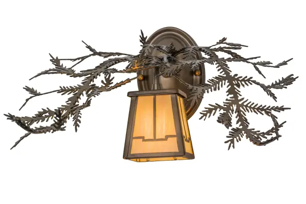 Invite the natural charm of the American woodlands into your home or commercial setting with this nature inspired sconce, which features a Beige Iridescent art glass lantern offered in a stunning Arts & Crafts design. Pine Branch shaped arms accented with pine needles adorn this stunning fixture, which are enhanced with hardware and decorative accents in an Antique Copper finish. Handcrafted in our facility at the foothills of the Adirondack Mountains in the US, this wall fixture is offered in custom sizes, designs and colors available, as well as dimmable, energy-efficient lamping options. UL and cUL listed for damp and dry locations. Collection: Pine Branch Finish: Antique Copper Glass: Beige Iridescent Glass Width: 16.00" Height: 9.00" Length: 9.00" Weight: 2.00 lb Extension from Wall: 9.00" Number of Bulbs: 1 Maximum Wattage: 60.00 W Bulb Type: JCD Bulb Base: G9 Light Source: Halogen Material: Steel Country of Origin: USA Safety Listing: Dry Safety Rating: Damp