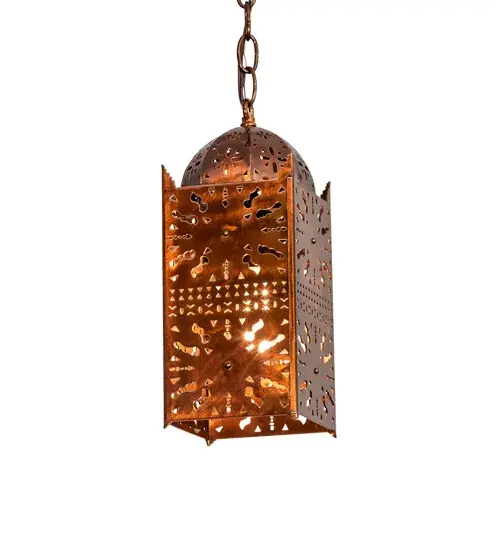 Blending an elegant style with a classic, distinguished look. The Moroccan Brass Pendant is custom-crafted with an intricate design with decorative metal accents hand-finished in Transparent Copper. Overall height ranges from 16 to 51 inches as the chain easily adjusts in the field. The mini pendant is perfect for grouping this fixture to illuminate dining tables, bars, islands, counters, and other residential, hospitality, and commercial spaces. Inspired by architecture in Casablanca, Rabat and Marrakesh, Morocco, to Los Angeles, California and Atlanta, Georgia, to Richmond, Virginia and New York, New York. The Moroccan Pendant is featured in our American-made, American-designed, handcrafted Mediterranean Lighting Collection and manufactured in Yorkville, New York. UL and cUL listed for dry and damp locations. Collection: Moroccan Finish: Transparent Copper Notes: Custom Crafted In Yorkville, New York Please Allow 30 Days Width: 5.00" Height: 16.00" Length: 5.00" Weight: 5.50 lb Number of Bulbs: 1 Maximum Wattage: 60.00 W Bulb Type: A19 Bulb Base: E26 Material: Steel Country of Origin: USA Safety Listing: Damp Safety Rating: Damp - alternate view