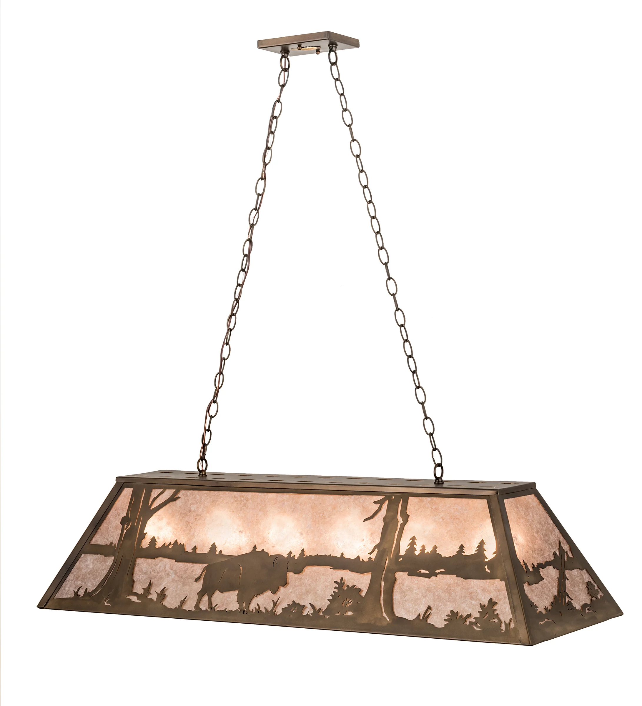 Buffalo At Lake Six Light Oblong Pendant in Antique Copper