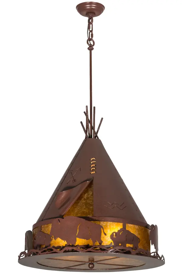A herd of Majestic Buffalo roam the prairie as they share wilderness living with Native Americans. This stunner of a pendant, detailed in its decorative artistry, is designed with accents and hardware featured in a Rust finish while warm ambient light is illuminated through Amber Mica. Handcrafted by highly skilled artisans, this fixture is created in the Meyda manufacturing facility in the USA. Dimmable energy efficient lamping, along with custom sizes, colors and designs, are available. The fixture is UL and cUL listed for damp and dry locations. Collection: Teepee Finish: Rust Glass: Amber Mica Width: 24.00" Height: 44.00" Length: 24.00" Weight: 23.00 lb Extension from Wall: 3.50" Number of Bulbs: 4 Maximum Wattage: 60.00 W Bulb Type: A19 Bulb Base: E26 Material: Steel Country of Origin: USA Safety Listing: Damp Safety Rating: Damp