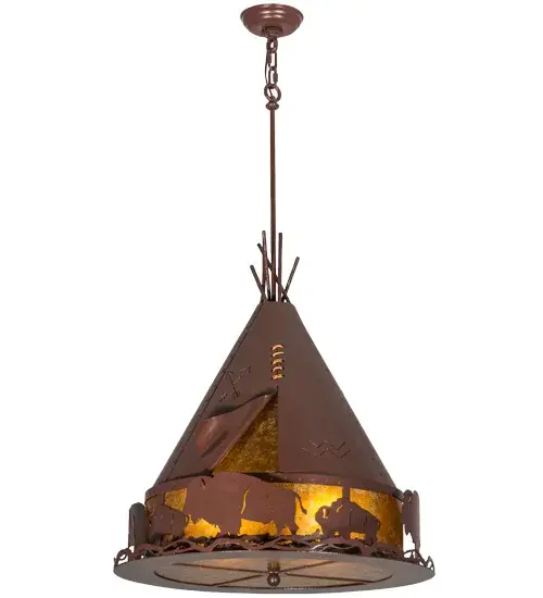 A herd of Majestic Buffalo roam the prairie as they share wilderness living with Native Americans. This stunner of a pendant, detailed in its decorative artistry, is designed with accents and hardware featured in a Rust finish while warm ambient light is illuminated through Amber Mica. Handcrafted by highly skilled artisans, this fixture is created in the Meyda manufacturing facility in the USA. Dimmable energy efficient lamping, along with custom sizes, colors and designs, are available. The fixture is UL and cUL listed for damp and dry locations. Collection: Teepee Finish: Rust Glass: Amber Mica Width: 24.00" Height: 44.00" Length: 24.00" Weight: 23.00 lb Extension from Wall: 3.50" Number of Bulbs: 4 Maximum Wattage: 60.00 W Bulb Type: A19 Bulb Base: E26 Material: Steel Country of Origin: USA Safety Listing: Damp Safety Rating: Damp - alternate view