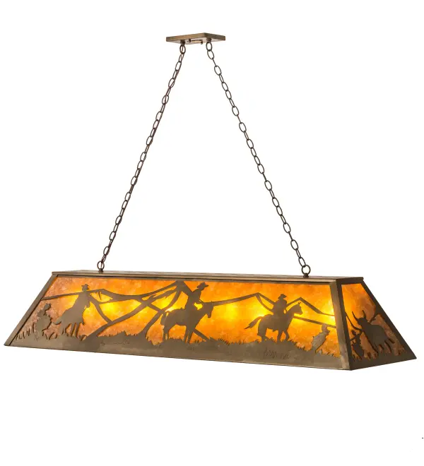 Cowboys riding horses rustle a steer on the mountain range are depicted on this oblong pendant. The fixture is finished in Antique Copper; has Amber mica panels; and is handcrafted in the USA by Meyda artisans.