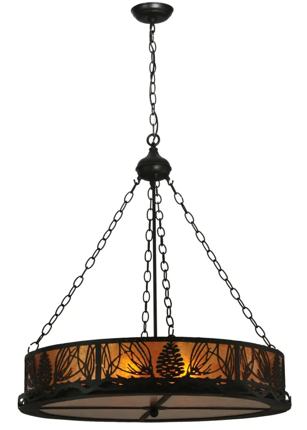 This handsome Pine Cone and needle patterned pendant ring with pine branch accents is suspended from chains and illuminated through Amber mica panels. The fixture has a Black finish and is handcrafted in the USA by Meyda artisans. Collection: Mountain Pine Finish: Black Glass: Amber Mica Width: 16.00" Height: 30.00" Length: 16.00" Weight: 3.00 lb Number of Bulbs: 2 Maximum Wattage: 60.00 W Bulb Type: A19 Bulb Base: E26 Material: Steel Country of Origin: USA Safety Listing: Damp Safety Rating: Damp