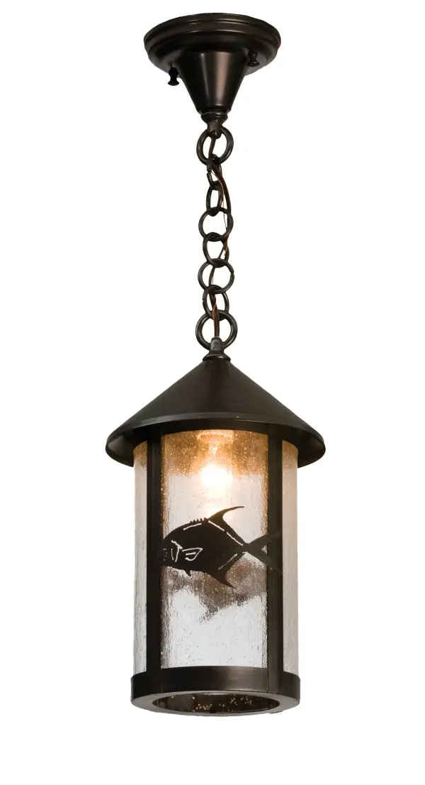 Custom crafted of Solid Brass; this fish styled lighting design is a Keeper. A Craftsman Brown finish depicts the prized Permit game fish on a Clear Seeded Glass shade. The cylindrical shaped pendant is Domestically Produced in our 180;000 sq ft manufacturing facility in Yorkville; NY. The Build Your Own lighting series offers fully configurable combinations of lantern styles; functions; fixture sizes and metal finishes to meet your lighting needs. UL and cUL listed for dry; damp and wet locations.