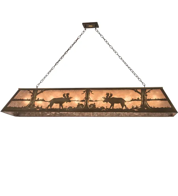Two majestic North Woods Moose stand face to face in the breathtaking lakeshore forest. Handmade In the USA by Meyda Tiffany craftsman, this stunning pendant features a warm Silver Mica shade with a striking design and hardware finished in Antique Copper. Collection: Moose At Lake Finish: Antique Copper Glass: Silver Mica Width: 17.00" Height: 20.00" Length: 72.00" Weight: 36.00 lb Extension from Wall: 4.00" Number of Bulbs: 11 Maximum Wattage: 60.00 W Bulb Type: A19 Bulb Base: E26 Light Source: CFL Material: Steel Country of Origin: USA Safety Listing: Damp Safety Rating: Damp