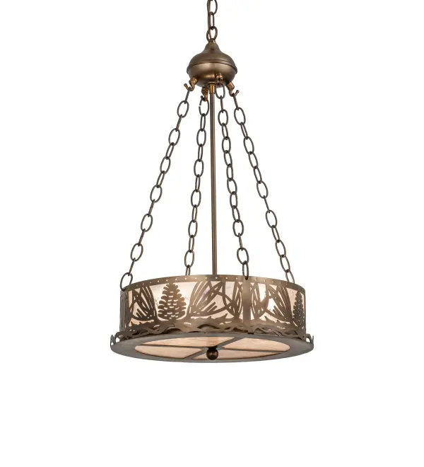 This handsome Pine Cone and needle patterned pendant ring with pine branch accents is suspended from chains and illuminated through Silver mica panels. The fixture has an Antique Copper finish and is handcrafted in the USA by Meyda artisans.