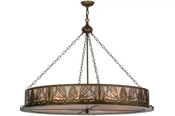 This handsome Pine Cone and needle patterned pendant ring with pine branch accents is suspended from chains and illuminated through Silver mica panels. The fixture has an Antique Copper finish and is handcrafted in the USA by Meyda artisans. Collection: Mountain Pine Finish: Antique Copper Glass: Silver Mica Width: 48.00" Height: 39.00" Length: 48.00" Weight: 43.50 lb Number of Bulbs: 8 Maximum Wattage: 60.00 W Bulb Type: A19 Bulb Base: E26 Material: Steel Country of Origin: USA Safety Listing: Damp Safety Rating: Damp