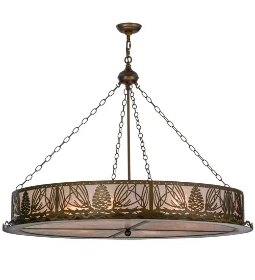 This handsome Pine Cone and needle patterned pendant ring with pine branch accents is suspended from chains and illuminated through Silver mica panels. The fixture has an Antique Copper finish and is handcrafted in the USA by Meyda artisans. Collection: Mountain Pine Finish: Antique Copper Glass: Silver Mica Width: 48.00" Height: 39.00" Length: 48.00" Weight: 43.50 lb Number of Bulbs: 8 Maximum Wattage: 60.00 W Bulb Type: A19 Bulb Base: E26 Material: Steel Country of Origin: USA Safety Listing: Damp Safety Rating: Damp - alternate view