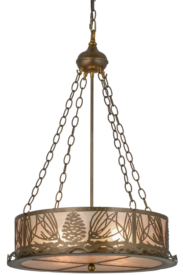 This handsome Pine Cone and needle patterned pendant ring with pine branch accents is suspended from chains and illuminated through Silver mica panels. The fixture has an Antique Copper finish and is handcrafted in the USA by Meyda artisans. Collection: Mountain Pine Finish: Antique Copper Glass: Silver Mica Width: 60.00" Height: 50.00" Length: 60.00" Weight: 3.00 lb Number of Bulbs: 6 Maximum Wattage: 60.00 W Bulb Type: A19 Bulb Base: E26 Material: Steel Country of Origin: USA Safety Listing: Damp Safety Rating: Damp