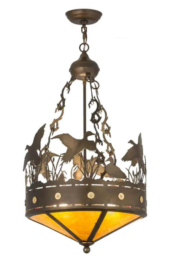 A flock of Ducks in and above cattails and marsh grasses top this wildlife inspired original pendant handcrafted in the USA by Meyda artisans. Suspended from hand crafted branch like chain links the bullet accented band and Ducks top Amber mica panels. This fixture is finished in Antique Copper. Collection: Ducks In Flight Finish: Antique Copper Glass: Amber Mica Width: 16.00" Height: 32.00" Length: 16.00" Weight: 11.00 lb Number of Bulbs: 2 Maximum Wattage: 60.00 W Bulb Type: A19 Bulb Base: E26 Material: Steel Country of Origin: USA Safety Listing: Damp Safety Rating: Damp