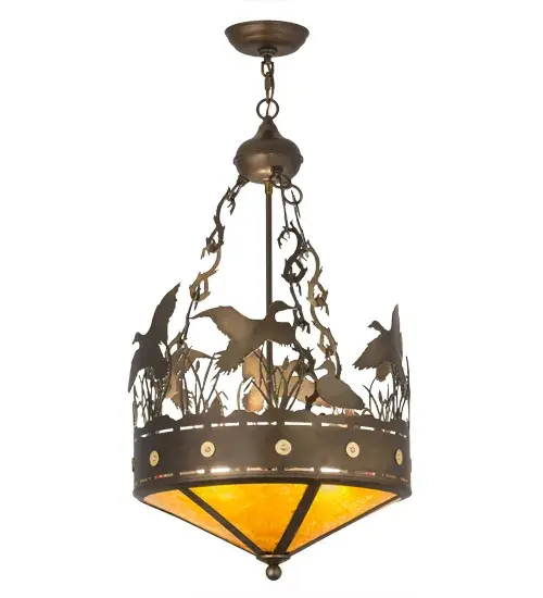 A flock of Ducks in and above cattails and marsh grasses top this wildlife inspired original pendant handcrafted in the USA by Meyda artisans. Suspended from hand crafted branch like chain links the bullet accented band and Ducks top Amber mica panels. This fixture is finished in Antique Copper. Collection: Ducks In Flight Finish: Antique Copper Glass: Amber Mica Width: 16.00" Height: 32.00" Length: 16.00" Weight: 11.00 lb Number of Bulbs: 2 Maximum Wattage: 60.00 W Bulb Type: A19 Bulb Base: E26 Material: Steel Country of Origin: USA Safety Listing: Damp Safety Rating: Damp - alternate view