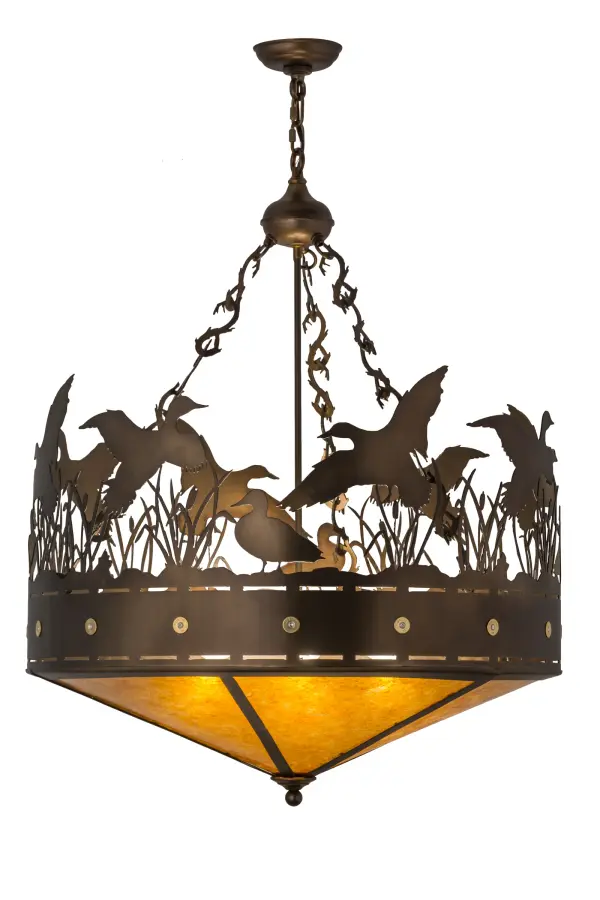 A flock of Ducks in and above cattails and marsh grasses top this wildlife inspired original pendant handcrafted in the USA by Meyda artisans. Suspended from hand crafted branch like chain links the bullet accented band and Ducks top Amber mica panels. This fixture is finished in Antique Copper.