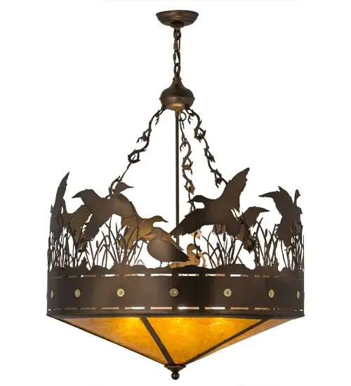 A flock of Ducks in and above cattails and marsh grasses top this wildlife inspired original pendant handcrafted in the USA by Meyda artisans. Suspended from hand crafted branch like chain links the bullet accented band and Ducks top Amber mica panels. This fixture is finished in Antique Copper. - alternate view