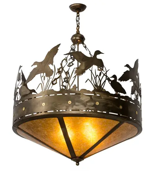 A flock of Ducks in and above cattails and marsh grasses top this wildlife inspired original pendant handcrafted in the USA by Meyda artisans. Suspended from hand crafted branch like chain links the bullet accented band and Ducks top Amber mica panels. This fixture is finished in Antique Copper. - alternate view