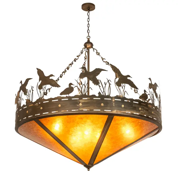 A flock of Ducks in and above cattails and marsh grasses top this wildlife inspired original pendant handcrafted in the USA by Meyda artisans. Suspended from hand crafted branch like chain links the bullet accented band and Ducks top Amber mica panels. This fixture is finished in Antique Copper. Collection: Ducks In Flight Finish: Antique Copper Glass: Amber Mica Width: 60.00" Height: 63.00" Length: 60.00" Weight: 75.00 lb Extension from Wall: 6.00" Number of Bulbs: 10 Maximum Wattage: 60.00 W Bulb Type: A19 Bulb Base: E26 Material: Steel Country of Origin: USA Safety Listing: Damp Safety Rating: Damp