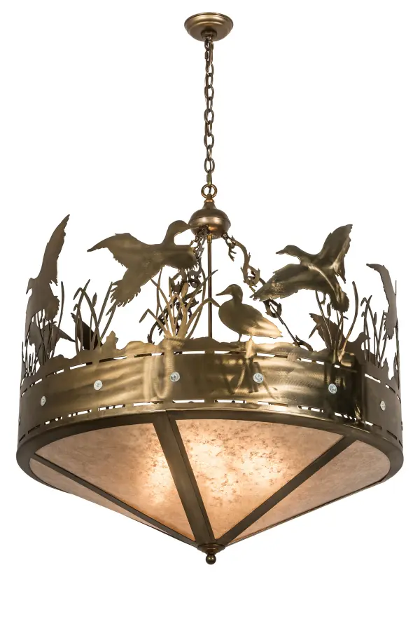 A flock of Ducks in and above cattails and marsh grasses top this wildlife inspired original pendant handcrafted in the USA by Meyda artisans. Suspended from hand crafted branch like chain links the bullet accented band and Ducks top Silver Mica panels. This fixture is finished in Silver Mica. Collection: Ducks In Flight Finish: Antique Copper Glass: Silver Mica Width: 36.00" Height: 41.00" Length: 36.00" Weight: 39.00 lb Number of Bulbs: 4 Maximum Wattage: 60.00 W Bulb Type: A19 Bulb Base: Medium Material: Steel Country of Origin: USA Safety Listing: Damp Safety Rating: Damp