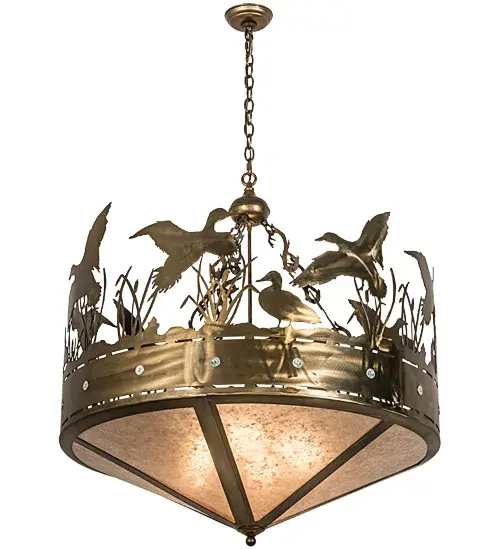 A flock of Ducks in and above cattails and marsh grasses top this wildlife inspired original pendant handcrafted in the USA by Meyda artisans. Suspended from hand crafted branch like chain links the bullet accented band and Ducks top Silver Mica panels. This fixture is finished in Silver Mica. Collection: Ducks In Flight Finish: Antique Copper Glass: Silver Mica Width: 36.00" Height: 41.00" Length: 36.00" Weight: 39.00 lb Number of Bulbs: 4 Maximum Wattage: 60.00 W Bulb Type: A19 Bulb Base: Medium Material: Steel Country of Origin: USA Safety Listing: Damp Safety Rating: Damp - alternate view