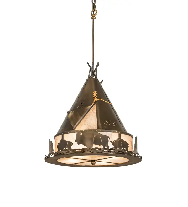 A Native American teepee is surrounded by heard of Buffalo on this unique pendant. The fixture is finished in Antique Copper; has Silver mica panels; and is handcrafted in the USA by Meyda artisans.