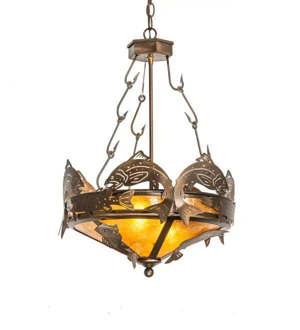 Trout Bass and Pike are the Catch of the Day on this inverted pendant handcrafted in the USA by Meyda artisans. This original fixture is suspended from fishhook chains; is finished in Antique Copper and has Amber Mica panels.
