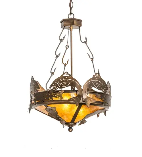 Trout Bass and Pike are the Catch of the Day on this inverted pendant handcrafted in the USA by Meyda artisans. This original fixture is suspended from fishhook chains; is finished in Antique Copper and has Amber Mica panels. - alternate view