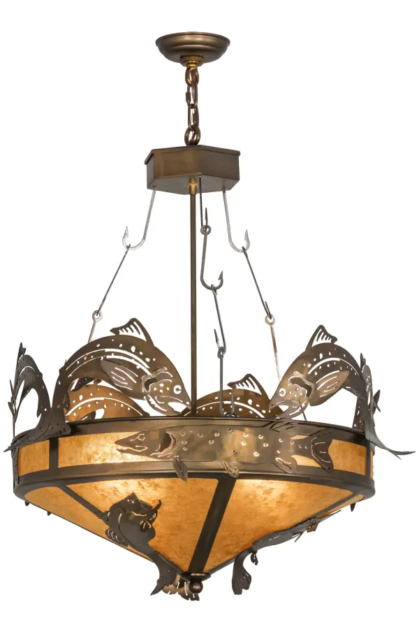Trout Bass and Pike are the Catch of the Day on this inverted pendant handcrafted in the USA by Meyda artisans. This original fixture is suspended from fishhook chains; is finished in Antique Copper and has Amber Mica panels.
