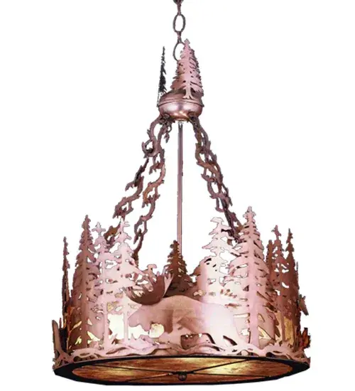 A Moose wanders through the tall pines around this circular pendant handcrafted in the USA by Meyda artisans. Suspended from hand crafted branch like chain links that hang from a pine tree adorned hub; this fixture is finished in Antique Copper and has Silver mica panels.