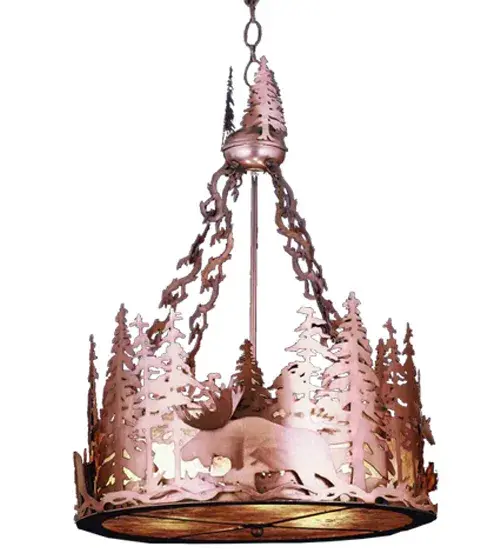 A Moose wanders through the tall pines around this circular pendant handcrafted in the USA by Meyda artisans. Suspended from hand crafted branch like chain links that hang from a pine tree adorned hub, this fixture is finished in Antique Copper and has Silver mica panels. Collection: Moose At Dusk Finish: Antique Copper Glass: Silver Mica Width: 72.00" Height: 56.00" Length: 72.00" Number of Bulbs: 12 Maximum Wattage: 60.00 W Bulb Type: A19 Bulb Base: E26 Material: Steel Country of Origin: USA Safety Rating: Damp