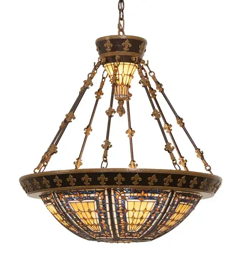 A Meyda Tiffany original design, the Fleur-de-Lis inverted pendant is an intricate design of Golden stylized tri-petaled irises and Amber colored jewels against bands of Twilight and Beige. Reminiscent of castle and cathedral glass, the fleur-de-lis pattern holds a prominent place in French Heraldry. Intricately detailed hardware, hand finished in Mahogany Bronze with Antique Gold accents, cradles a stained glass shade and lighted hub which are hand crafted utilizing the copperfoil construction process. Collection: Fleur-De-Lis Finish: Copper Vein/Nu Gold Glass: Stained Glass Width: 28.00" Height: 39.00" Length: 28.00" Weight: 18.50 lb Number of Bulbs: 4 Maximum Wattage: 60.00 W Bulb Type: A19 Bulb Base: E26 Material: Steel Country of Origin: USA Safety Listing: Dry Safety Rating: Damp - alternate view