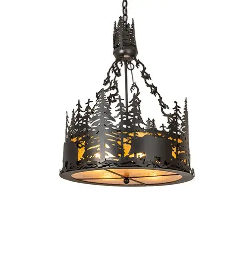 A nature inspired Black Bear in a Pine forest tops this inverted pendant shade with Amber mica panels. The fixture is finished in Textured Black and is handcrafted in the USA by Meyda artisans. - alternate view