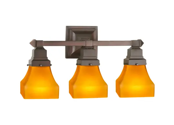 Enjoy the beauty and cozy Americana look with the simple curves and pure design that characterizes the Bungalow design movement. The three delicate Frosted Amber art glass shades are complemented with a warm Mahogany Bronze finished vanity fixture.