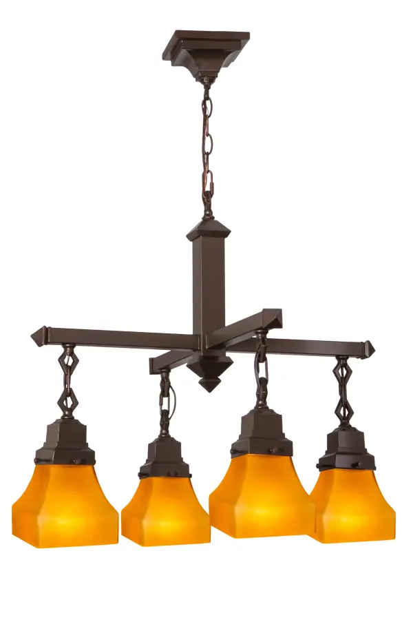 Enjoy the beauty and cozy Americana look with the simple curves and pure design that characterize the Bunglow design movement. The four delicate Frosted Amber art glass shades are complemented with a warm Mahogany Bronze finished vanity fixture.