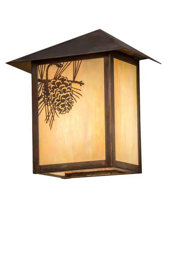 Pine Cone laden branches accent this handsome American Craftsman lantern style wall sconce. The fixture, handcrafted in the USA by Meyda artisans, is finished in Vintage Copper and has Iridized Beige glass panels. Collection: Seneca Finish: Vintage ??? Glass: Beige Irridescent (Bai) Width: 9.00" Height: 10.50" Length: 5.50" Weight: 4.00 lb Extension from Wall: 5.50" Number of Bulbs: 1 Maximum Wattage: 100.00 W Bulb Type: A19 Bulb Base: Medium Material: Brass Country of Origin: USA Safety Listing: Wet Safety Rating: Wet