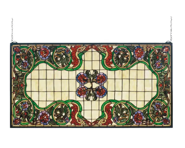 Inspired by Norse mythology, the serpent emerges from medieval folklore in vibrant Lime, Ruby and Gold. The Meyda Tiffany original design also features flowers and leaves in Plum and Sage on a Beige grid. Handcrafted utilizing the copperfoil construction process, and 1,496 pieces of stained art glass encased in a solid brass frame, this window is a unique creation to be forever treasured. Mounting bracket and jack chain included. Collection: Serpent Finish: Multi Glass: Ba Fl Ka Pb Ha Width: 38.00" Height: 20.00" Length: 38.00" Bulb Type: tbd Material: Brass Country of Origin: CHINA