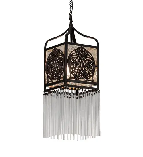 Inspired by Celtic Vines and Floral artwork. This dramatically designed Celtic Knot Lantern is a stunning piece of craftsmanship as Mahogany Bronze overlays are highlighted on elegant Clear Waterglass. The Clear Fringe adds a nice touch to this hanging wall fixture. The fixture is enhanced with a Mahogany Bronze finish. Group these mini pendants over a kitchen island; counter or bar to make an alluring design statement. UL and cUL listed for dry and damp locations. Each shade is a unique work of art with color variations based on natural ingredients inherent in the glass. Contact us if color matching is critical when ordering multiple items. - alternate view
