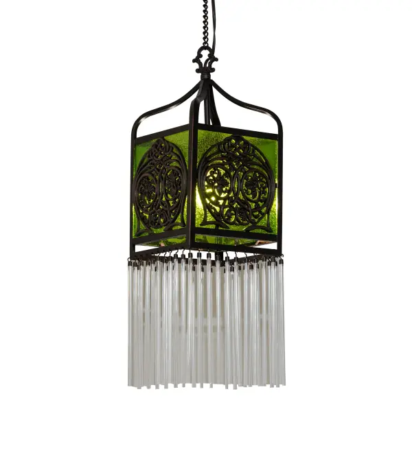 Inspired by Celtic Vines and Floral artwork. The dramatically detailed Celtic Knot Lantern is a stunning piece of craftsmanship. The Celtic medallion hand finished in Mahogany Bronze overlays elegant Kelly Green Granite glass. The Clear Glass Fringe adds a nice touch to this hanging ceiling fixture. The pendant is enhanced with a Mahogany Bronze finish. Group these mini pendants over a kitchen island, counter or bar to make an alluring design statement. UL and cUL listed for dry and damp locations. UL and cUL listed for dry and damp locations. Each shade is a unique work of art with color variations based on natural ingredients inherent in the glass. Contact us if color matching is critical when ordering multiple items. Collection: Celtic Knot Finish: Mahogany Bronze Glass: Green Glass Width: 10.00" Height: 60.00" Length: 7.00" Weight: 6.00 lb Number of Bulbs: 1 Maximum Wattage: 60.00 W Bulb Type: A19 Bulb Base: E26 Material: Brass Country of Origin: CHINA Safety Rating: Damp