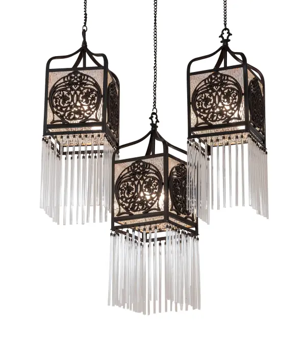 Inspired by Celtic Vines and Floral artwork. This Cascading Pendant features three dramatic Celtic Knot Lanterns. A stunning piece of craftsmanship, Mahogany Bronze finished medallions overlay elegant art glass featuring Purple, Blue, Orange, and Green on each shade. The Clear Fringe Rods add a nice touch to this hanging fixture, which is enhanced with a Mahogany Bronze finish. It is ideal for making a design statement in an entryway and other spaces in residential and hospitality settings. The Celtic Knot 3 Light Oblong Cascading Pendant is featured in the American-designed, handcrafted Celtic Lighting Collection. UL and cUL listed for dry and damp locations. Each shade is a unique work of art with color variations based on natural ingredients inherent in the glass. Collection: Celtic Knot Finish: Mahogany Bronze Glass: Clear Width: 7.00" Height: 67.00" Length: 23.00" Weight: 21.00 lb Number of Bulbs: 3 Maximum Wattage: 60.00 W Bulb Type: A19 Bulb Base: E26 Material: Resin Country of Origin: CHINA Safety Rating: Damp