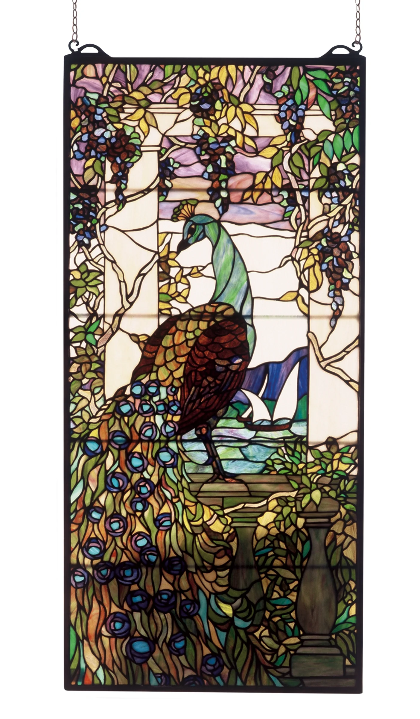 19"W X 40"H Tiffany Peacock Wisteria Stained Glass Window