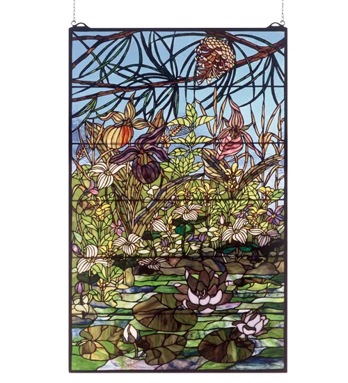 30"W X 48"H Woodland LilyPond Stained Glass Window