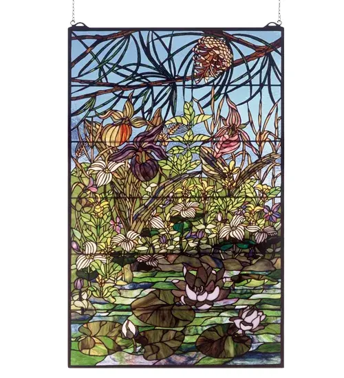 A truly incredible work of art is Meyda Tiffany's original Woodland Lily Pond Window; displaying flora in vibrant color including pond lilies; lady slippers; trillium and violets. Handcrafted utilizing the copperfoil construction process and 2;283 pieces of stained art glass encased in a solid brass frame; each window is a unique creation to be forever treasured. Mounting bracket and jack chain included.