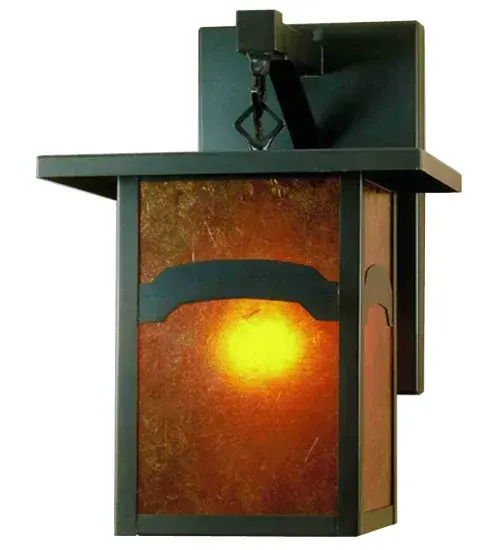 An Arts and Crafts Mountain View recurved bar accents this handsome American Craftsman lantern style straight arm wall sconce. The fixture; handcrafted in the USA by Meyda artisans; is finished in Craftsman Brown and has Amber mica panels.